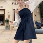 Spaghetti-strap Denim Wide Leg Romper / Cardigan