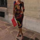 Printed Cutout Sheath Midi Dress