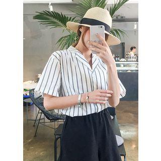 Notched-lapel Short-sleeve Striped Cotton Shirt