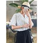 Notched-lapel Short-sleeve Striped Cotton Shirt