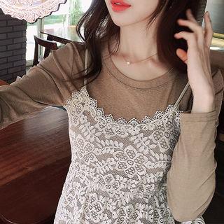 Set: Spaghetti-strap Lace Sheer Dress + Long T-shirt
