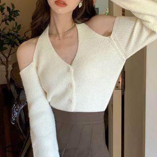 Cold-shoulder V-neck Button-up Sweater