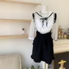 Set: Long-sleeve Sailor Collar Lace Trim Blouse + Mini Skirt