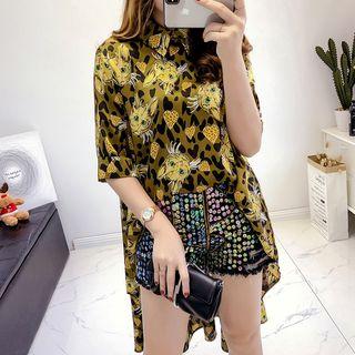 Printed Elbow Sleeve Dip Back Shirt