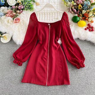 Square-neck Plain Puff Long-sleeve Dress