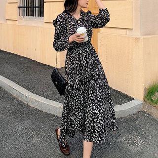Long Sleeve Leopard Print A-line Dress