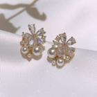 Rhinestone Faux Pearl Flower Earring 1 Pair - White & Gold - One Size