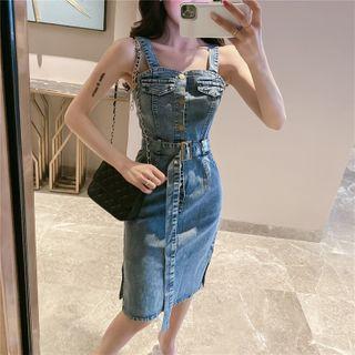 Wide Strap Denim Midi Sheath Dress