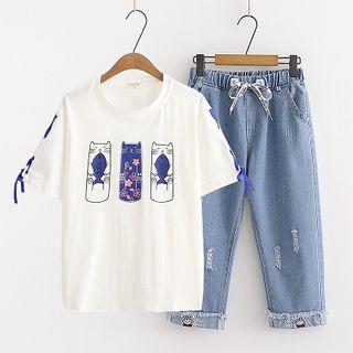Printed Short-sleeve T-shirt / Cropped Jeans / Set