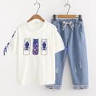 Printed Short-sleeve T-shirt / Cropped Jeans / Set