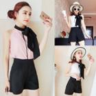 Set: Sleeveless Tie-neck Top + High-waist A-line Shorts