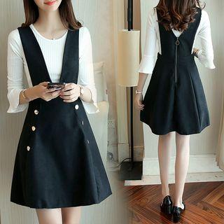 Set: Bell-sleeve Knit Top + A-line Pinafore Dress
