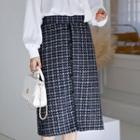 Button-trim A-line Midi Tweed Skirt