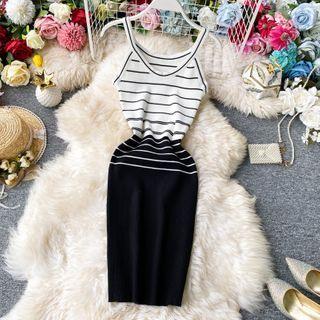 Color-block Striped Knit Slipdress
