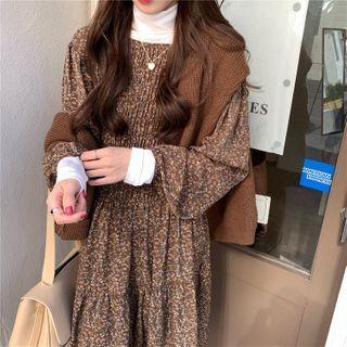 Long-sleeve Floral Shirred Loose Fit Dress As Shown In Figure - One Size
