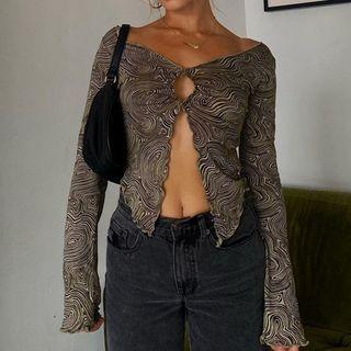 Long-sleeve Printed Cutout Crop Top