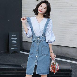 Set: V-neck Puff-sleeve Blouse + Denim Suspender Skirt