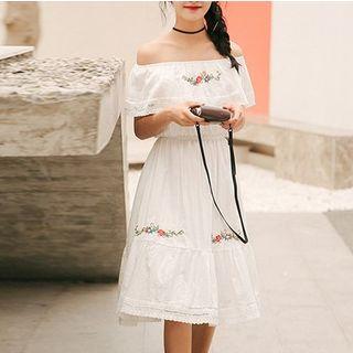 Flower Embroidered Off Shoulder Short Sleeve Midi Dress