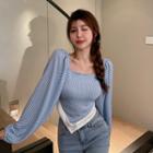 Puff-sleeve Contrast Trim Check Blouse