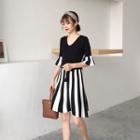 Striped Panel Elbow Sleeve Knit A-line Dress