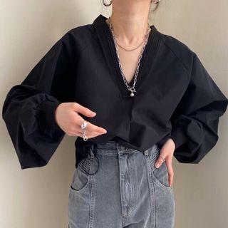 Bishop-sleeve V-neck Blouse