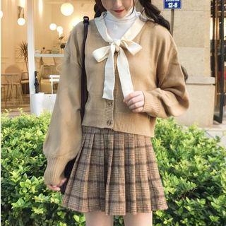 Cardigan / Long-sleeve Turtleneck Top / Plaid Mini Pleated Skirt