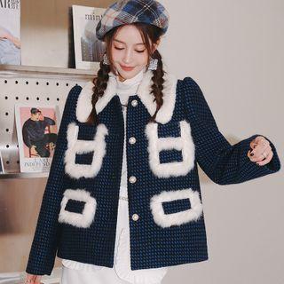Puff Sleeve Furry Trim Check Jacket