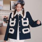 Puff Sleeve Furry Trim Check Jacket