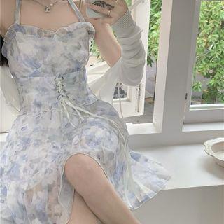 Spaghetti-strap Floral Mini A-line Dress/ Cardigan