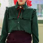 Frilled Corduroy Blouse With Brooch