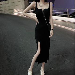 Set: Wide Strap Midi A-line Dress + Cardigan