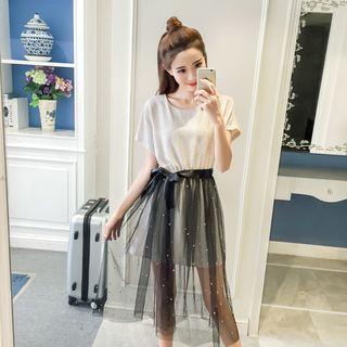 Set: Short-sleeve Long T-shirt + Tulle Midi Skirt