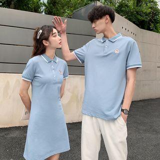 Couple-matching Pig Embroidered Polo Shirt / A-line Polo Dress