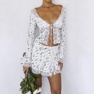 Set: Floral Print Lace Trim Cardigan + A-line Skirt