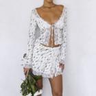 Set: Floral Print Lace Trim Cardigan + A-line Skirt