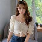 Puff-sleeve Square Neck Ruffle Trim Drawstring Cropped Blouse