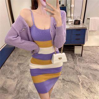 Set: Cardigan + Spaghetti Strap Striped Bodycon Dress