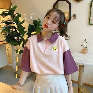 Elbow-sleeve Embroidered Color Block Zip Polo Shirt