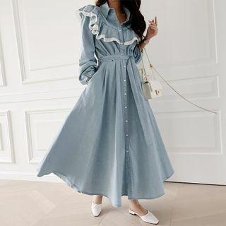 Ruffled Denim Long Shirtdress With Sash Light Blue - One Size