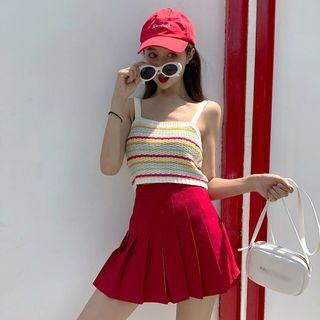 Striped Knit Tank Top / Pleated Mini Skirt