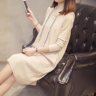 Lettering Embroidered Mock Neck Knit Dress