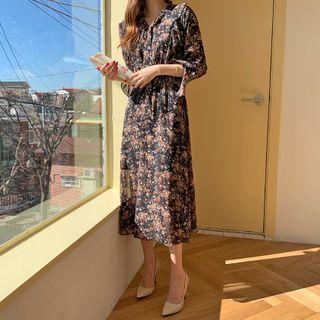 Frill-trim Floral Print Chiffon Dress Black - One Size