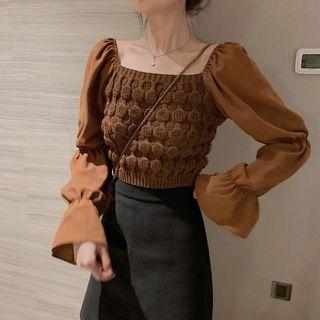 Boatneck Chiffon-sleeve Crop Knit Top