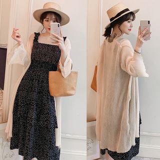 Set: Sleeveless Polka Dot A-line Midi Dress + 3/4-sleeve Light Jacket