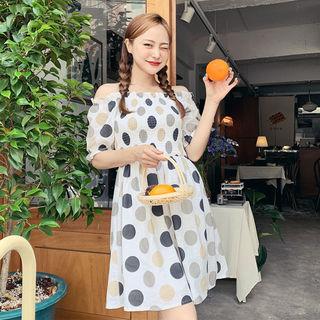 Off-shoulder Polka Dot Flare Dress
