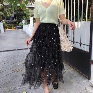 Metallic Patterned Mesh A-line Midi Tiered Skirt