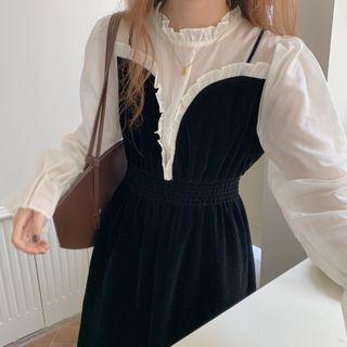 Mock Two-piece Ruffle Trim Midi A-line Dress Set Of 2 - Shirt - White - One Size / Dress - Black - One Size