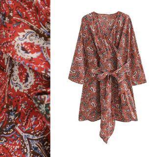 Long-sleeve Floral Print Tie-waist Mini A-line Dress