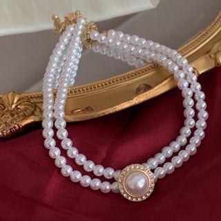 Faux Pearl Pendant Layered Choker Faux Pearl - White - One Size