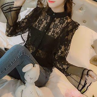 Contrast Trim Long-sleeve Lace Blouse